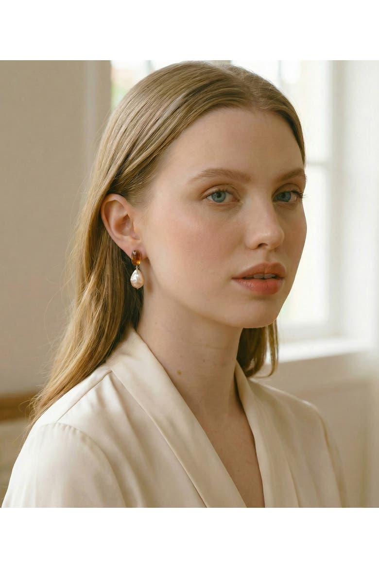 Peach Freshwater Baroque Pearl Katana Earrings, Alternate, color, Yellow Gold Fill