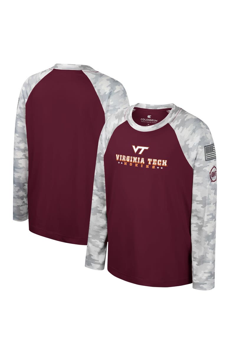 COLOSSEUM Youth Colosseum Maroon/Camo Virginia Tech Hokies OHT Military Appreciation Dark Star Raglan Long Sleeve T-Shirt, Alternate, color,