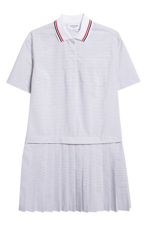 Stripe Pleated Cotton Polo Shirtdress
