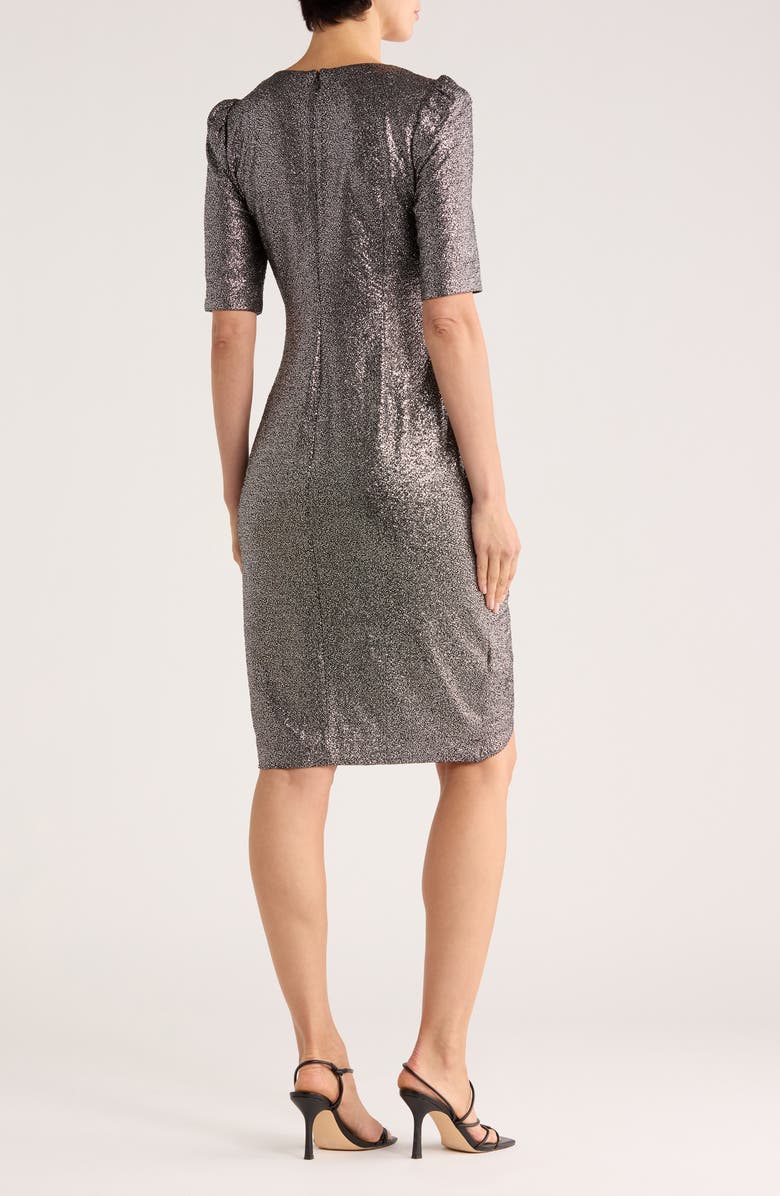 Calvin Klein Metallic Short Sleeve Faux Wrap Dress, Alternate, color, Black/ Silver