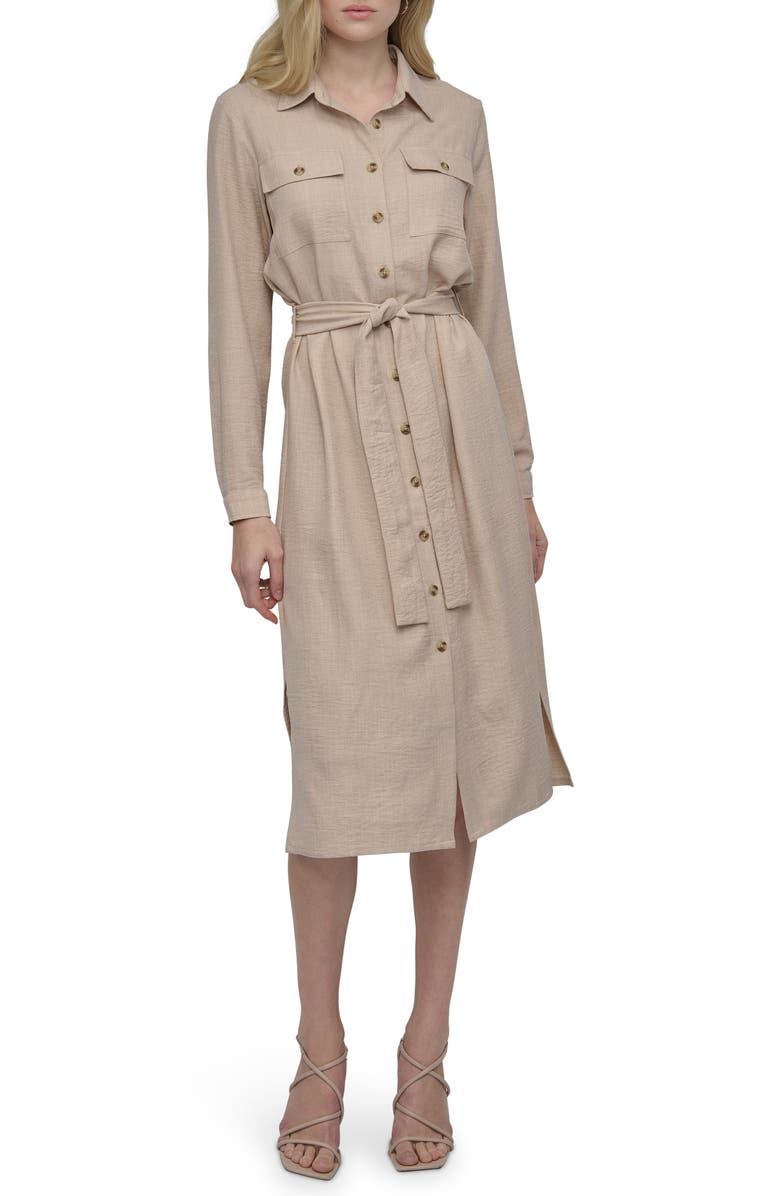 DKNY Long Sleeve Belted Midi Shirtdress, Main, color, Beige