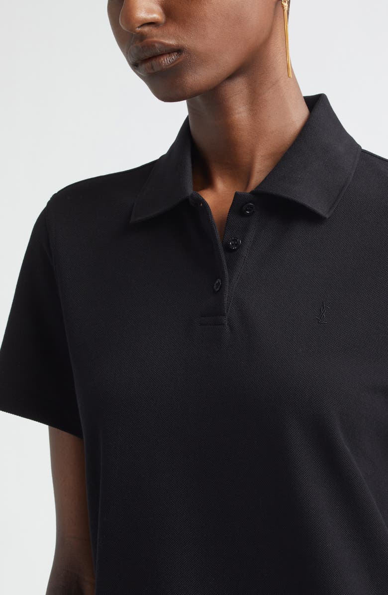 Saint Laurent Cassandre Embroidered Cotton Piqué Minidress, Alternate, color, Noir