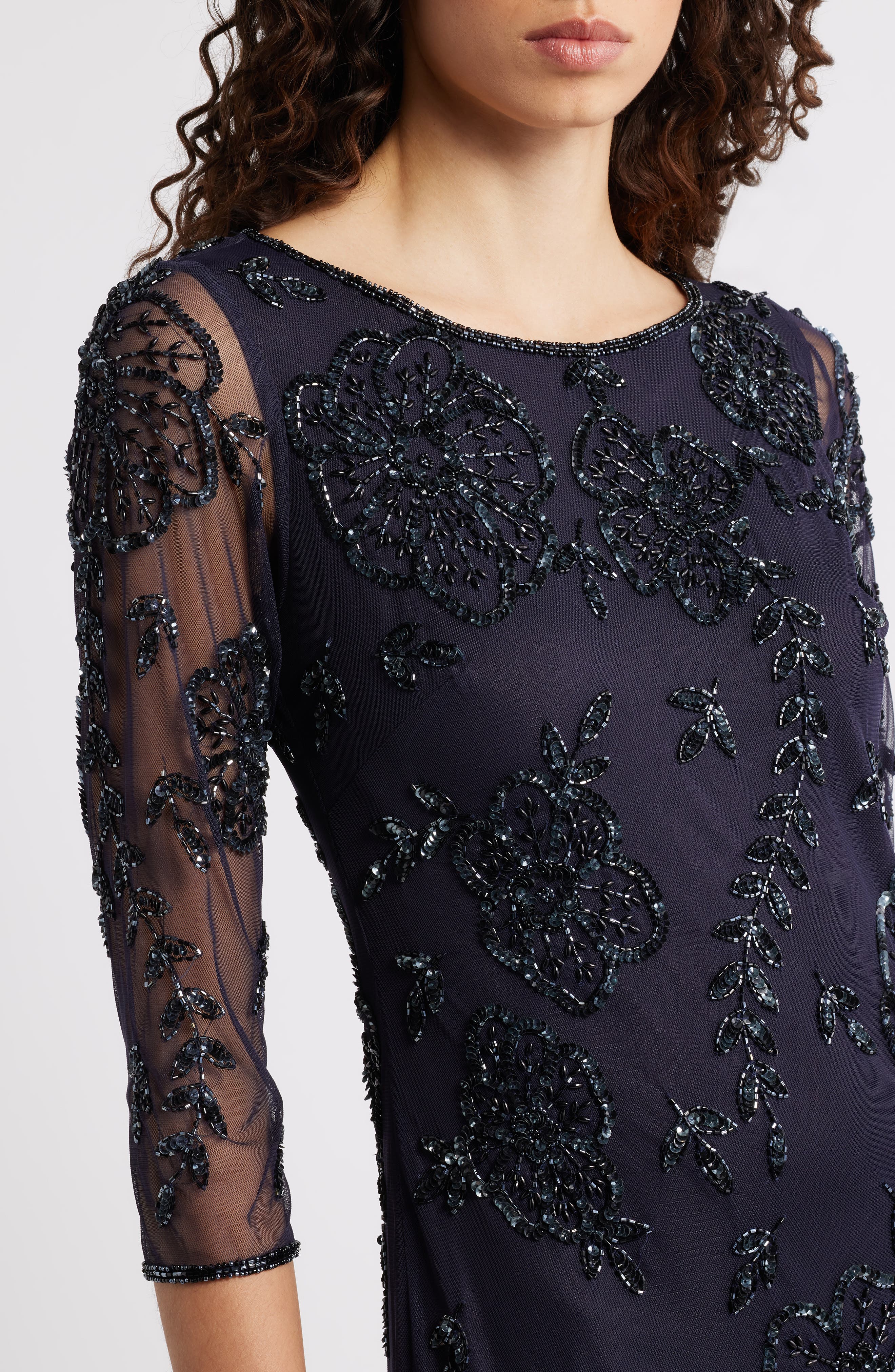 embellished mesh sheath dress pisarro nights Pisarro Nights Mesh Short Sleeve Beaded Sheath Long Gown at Hamilton Place in Chattanooga, TN