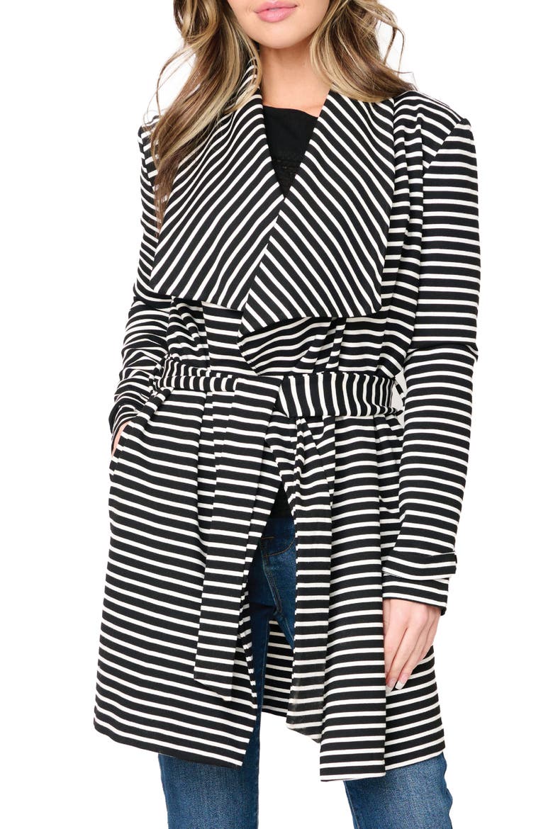 Belted Ponte Topper Jacket, Alternate, color, BLACK WHITE STRIPE