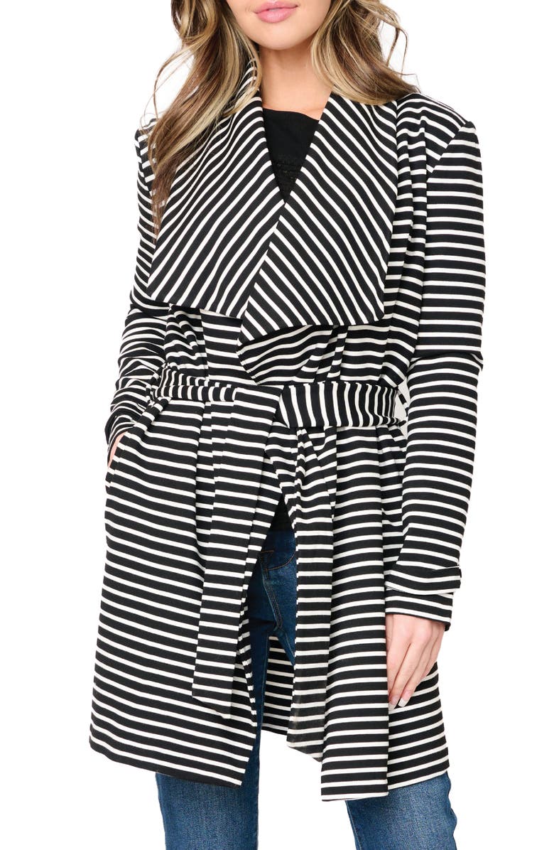 GIBSONLOOK Belted Ponte Topper Jacket, Alternate, color, Black/ White Stripe