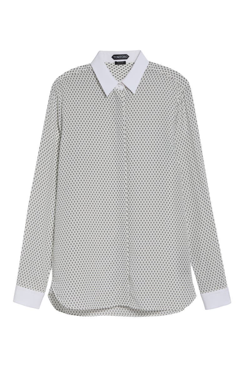 Diamond Print Silk Crepe Button-Up Shirt, Main, color, OFF WHITE/ BLACK