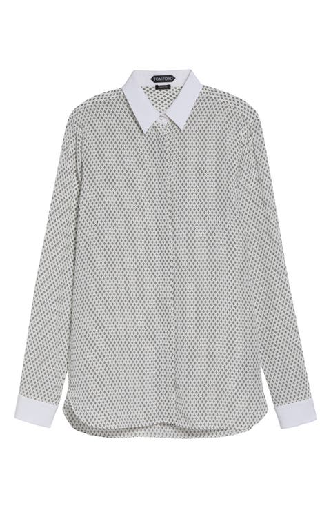 Diamond Print Silk Crepe Button-Up Shirt