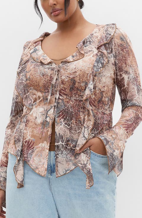 Vivid Mesh Ruffle Top (Plus)