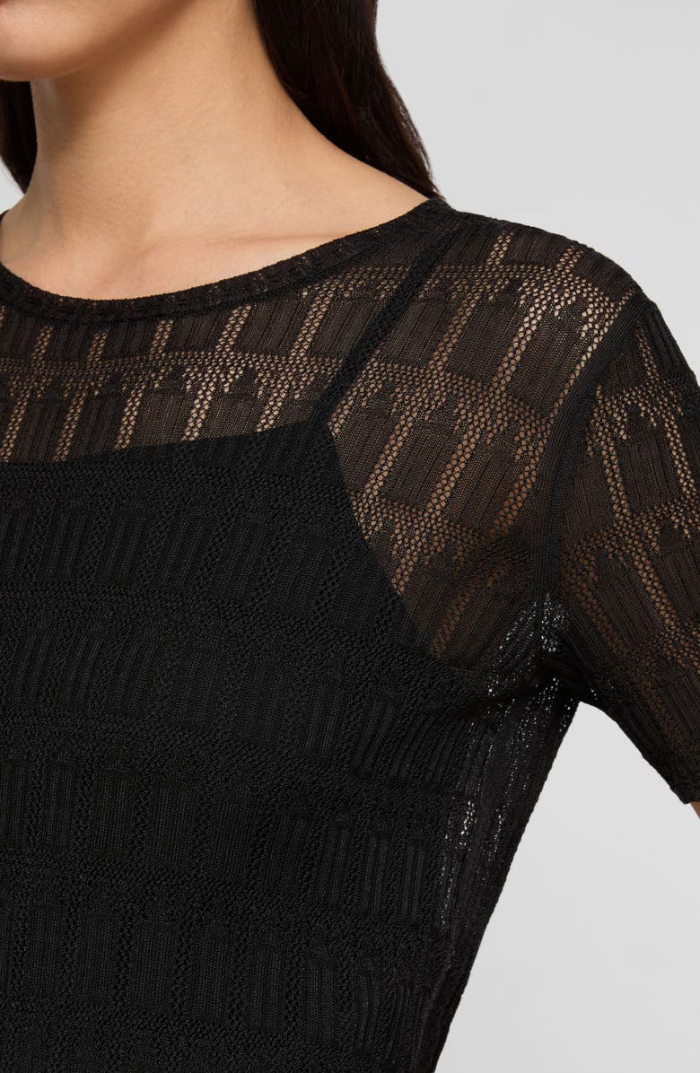 Lafayette 148 New York Lace Stitch Short Sleeve Sweater, Alternate, color, Black