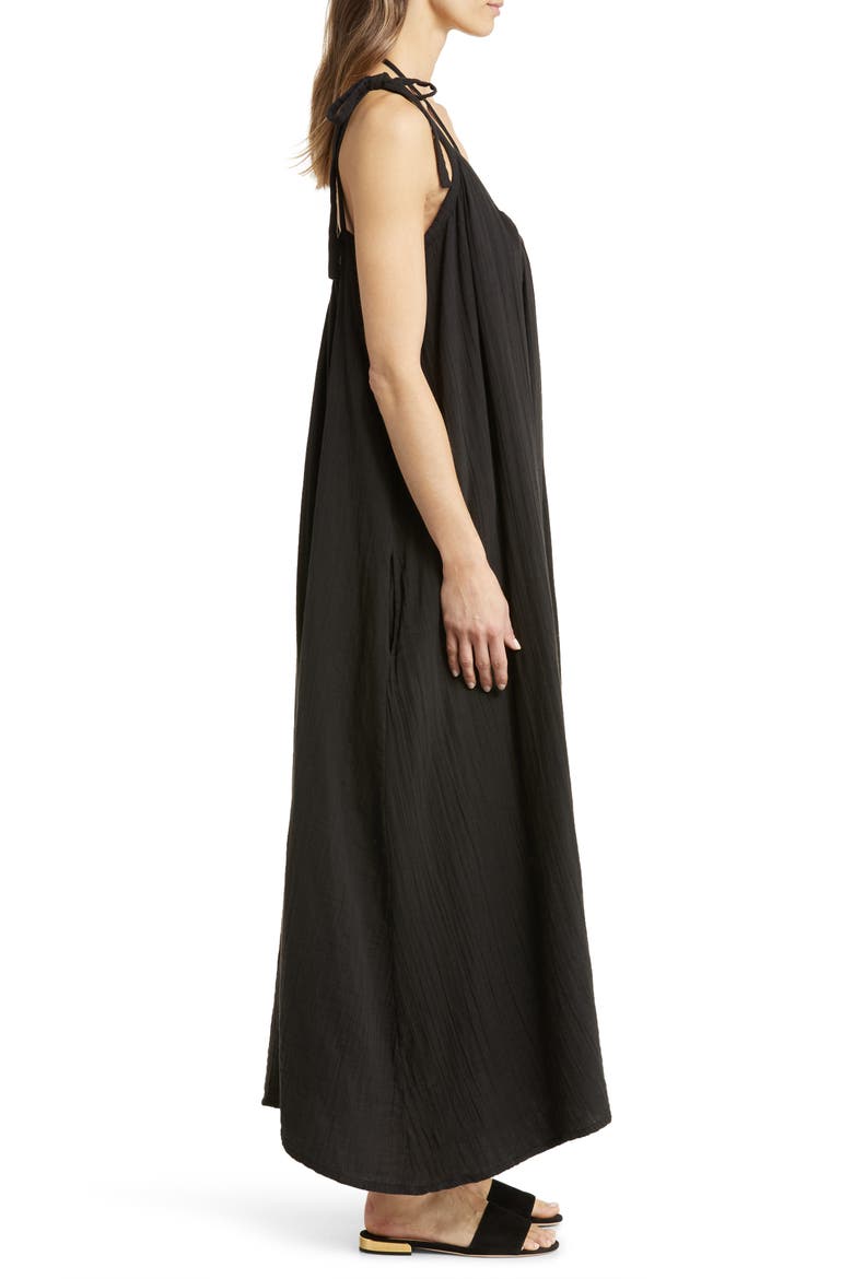 Tie Strap Flowy Cotton Cover-Up Maxi Dress, Alternate, color, BLACK