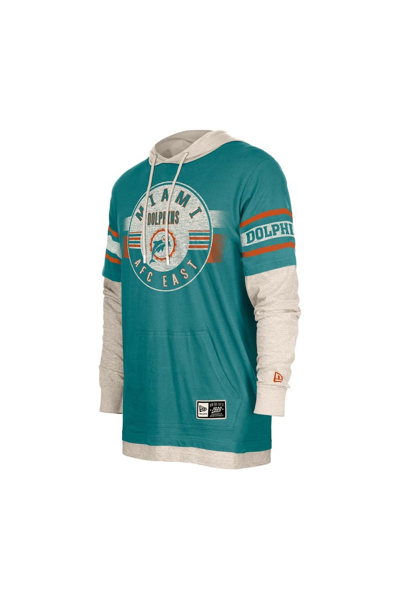 Men's New Era  Aqua Miami Dolphins Twofer Layered Long Sleeve Hoodie T-Shirt, Alternate, color, Aqua