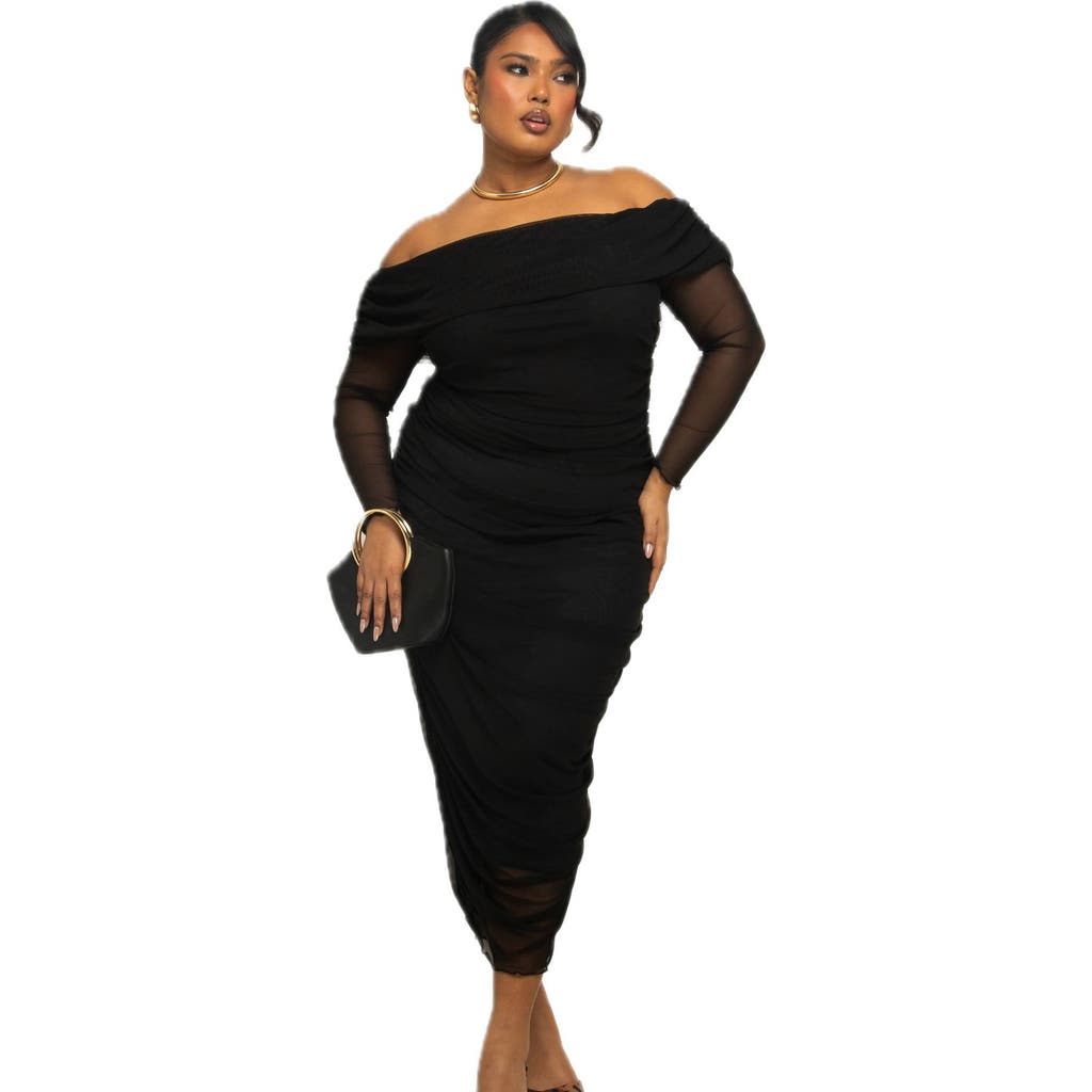 Shop Fashion-szn Curve Long Sleeve Bardot Ruched Midaxi Dress