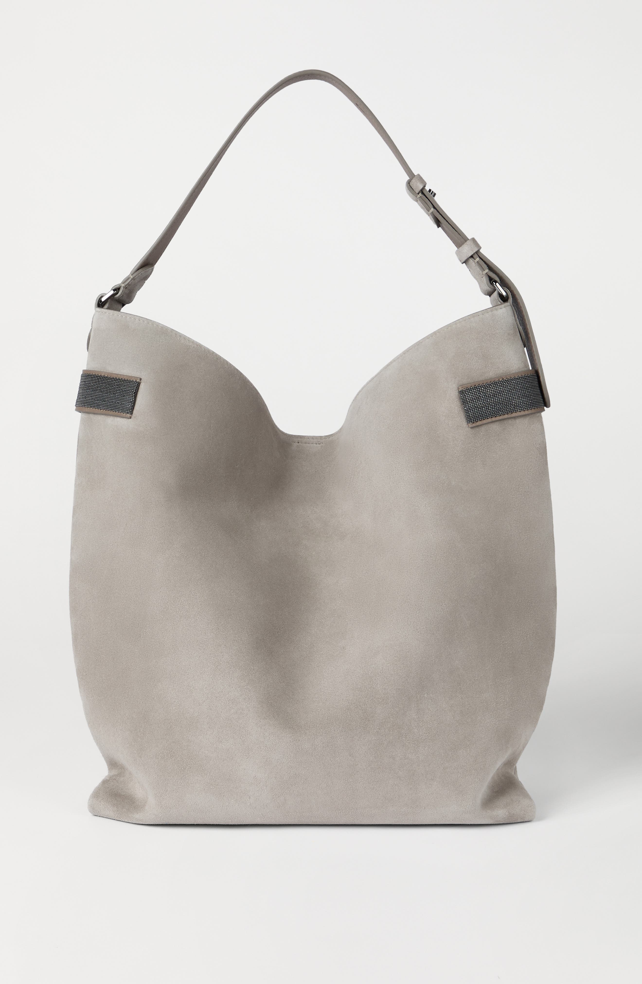 Brunello Cucinelli Suede essence hobo bag, Alternate, color, Light Grey