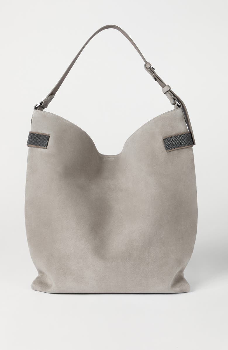 Brunello Cucinelli Suede essence hobo bag, Alternate, color, Light Grey