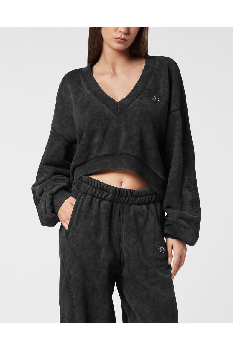 Washed V-Neck Sweatshirt Piercing Women, Main, color, black