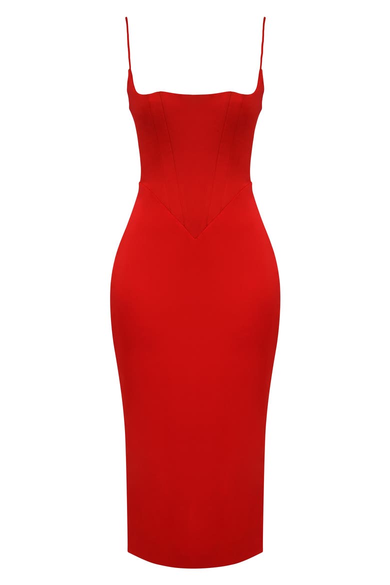 Anais Satin Corset Midi Dress, Alternate, color, SCARLET