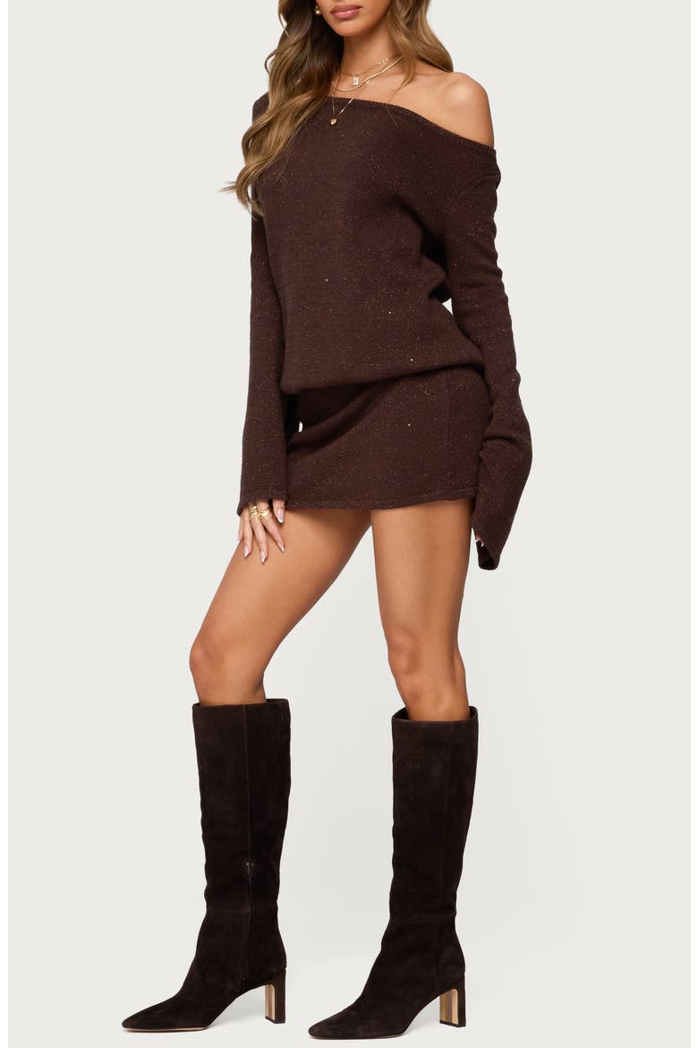 Off the Shoulder Long Sleeve Sweater Dress, Alternate, color, BROWN