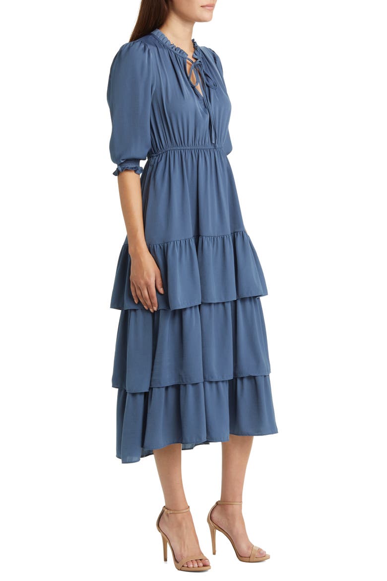 Ruffle Tiered Satin Midi Dress, Alternate, color, SAGE LEAF