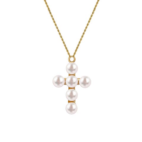 Pearl Cross Gold Charm Necklace