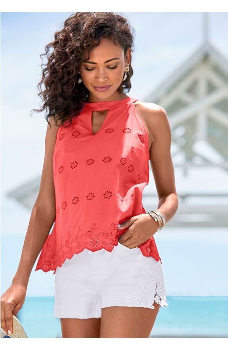 LASCANA Women's Sleeveless Eyelet Lace Blouse, Alternate, color, Coral