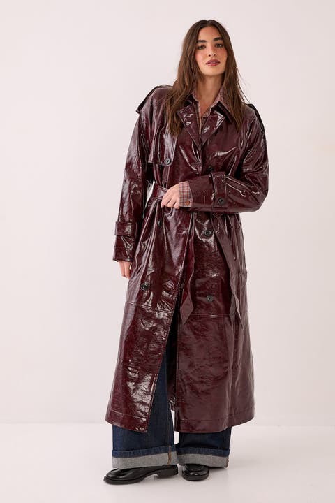 High Shine Faux Leather Trench Coat