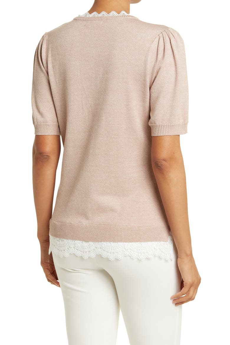 V-Neck Lace Trim Sweater Top, Alternate, color, HEATHER CAFE/ IVORY