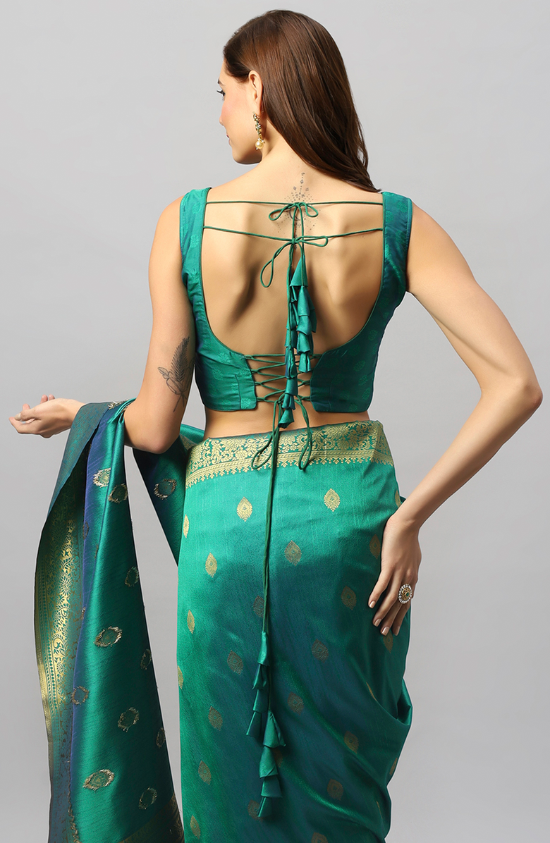 One Minute Saree<sup>®</sup> Yara Green Moss Weave Art Silk Pre-Draped Ready to Wear Sari, Alternate, color, 