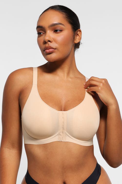 Shapellx Wireless Front-hook Back Smooth Bra In Warm Sand