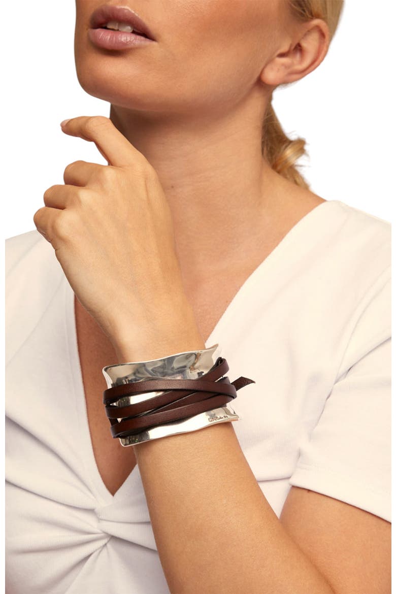 Sterling Silver-Plated Bracelet with Leather Straps, Alternate, color, Silver
