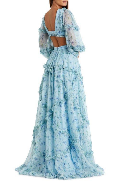 Mac Duggal Floral Chiffon Ruffle Gown With Plunging Neckline & Cutout Back In Powder Blue