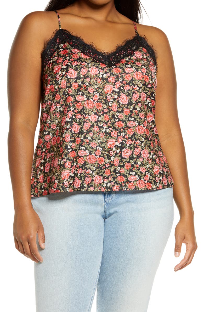 BP. Leopard Print Lace Trim Camisole, Main, color,