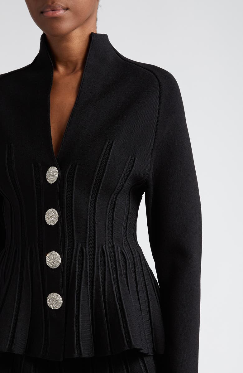 Balmain Crystal Button Peplum Rib Cardigan, Alternate, color,