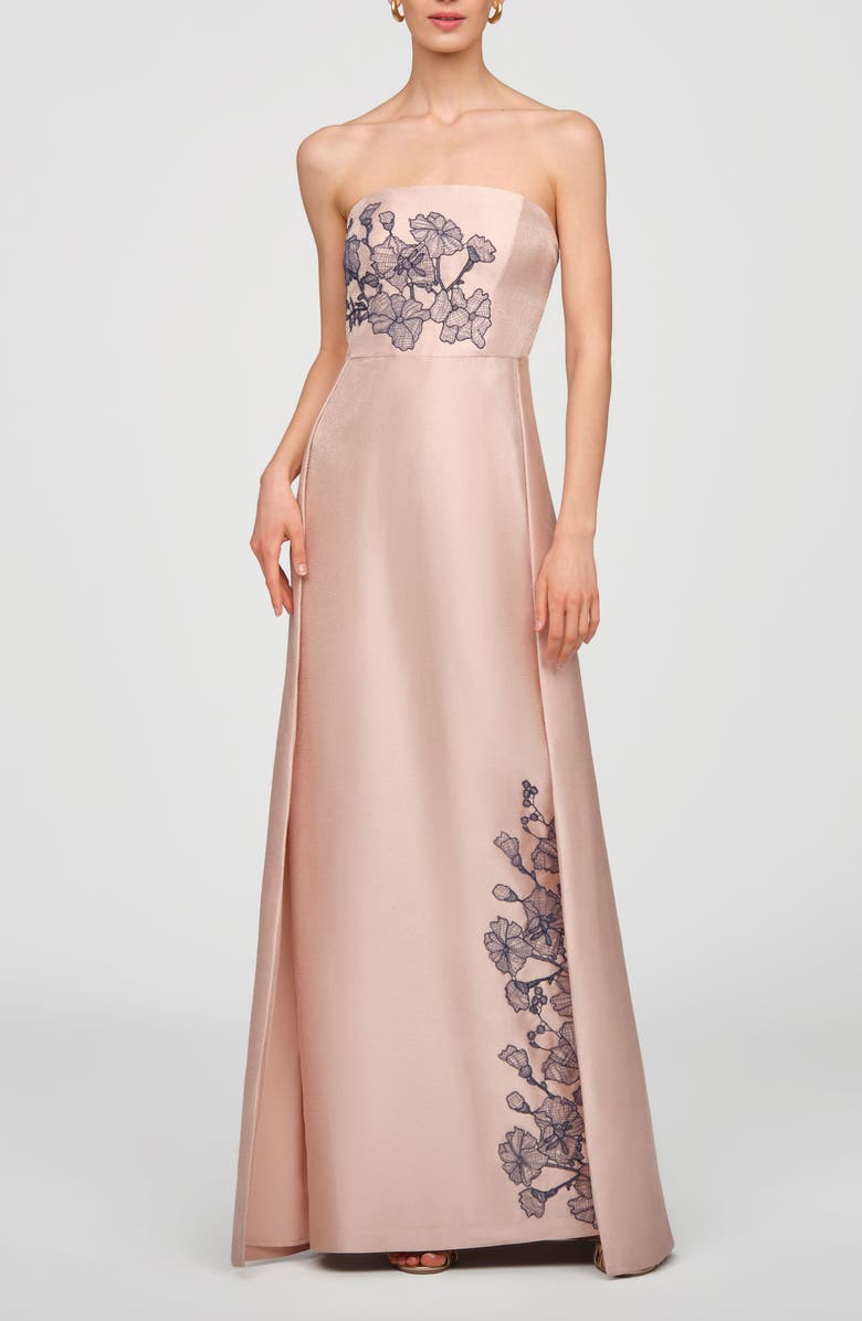Kay Unger Chandler Embroidered Floral Walk Thru Metallic Organza Gown, Main, color, Champagne
