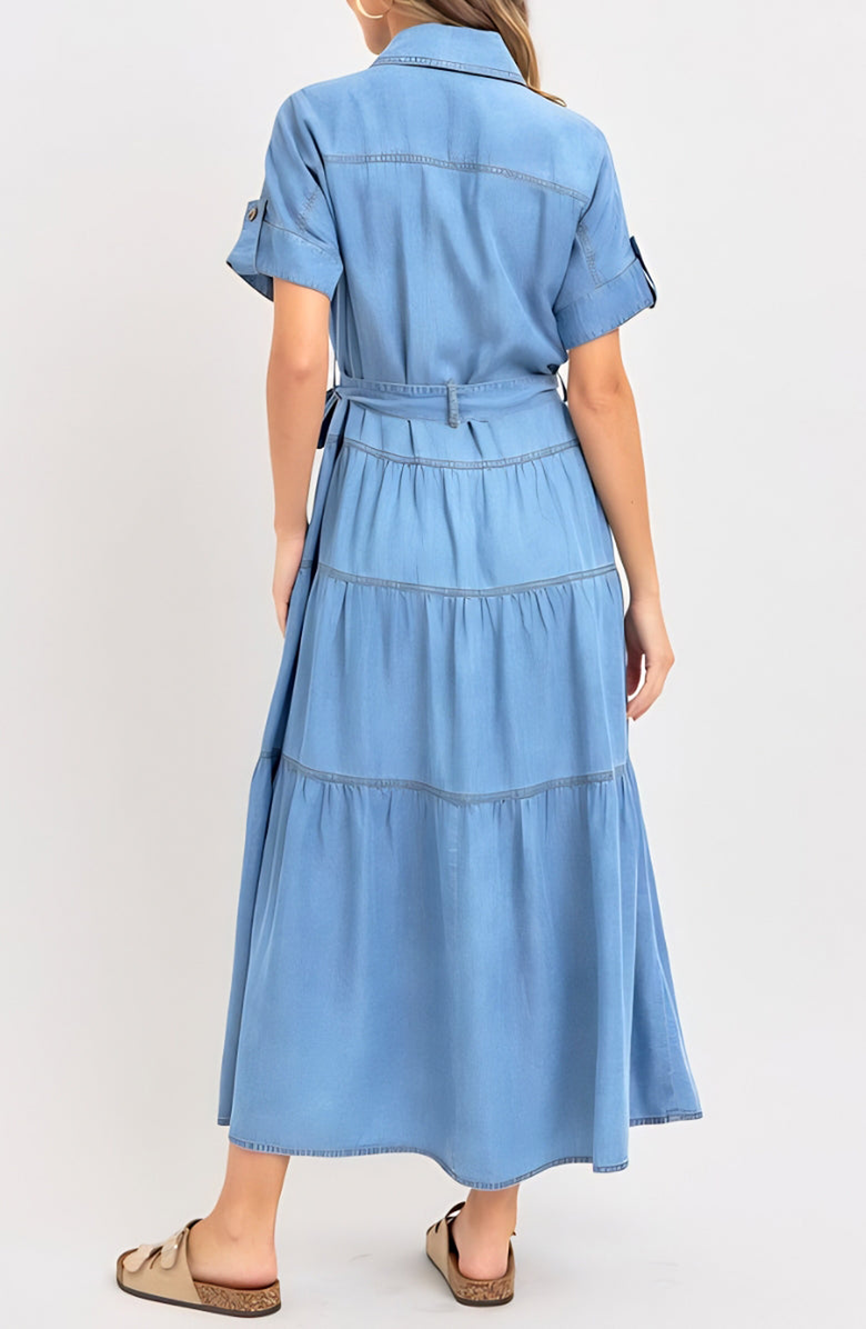 Knit and Lounge Short Sleeve Tiered Button Front Collared Midi Dress, Alternate, color, Chambray Blue