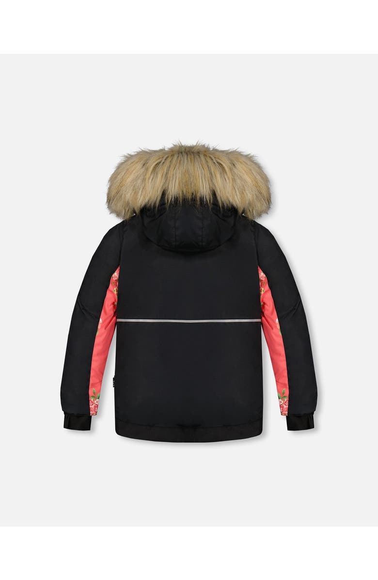 Deux par Deux Girl's Two Piece Snowsuit Black With Print Pant Printed Coral Flowers, Alternate, color, 