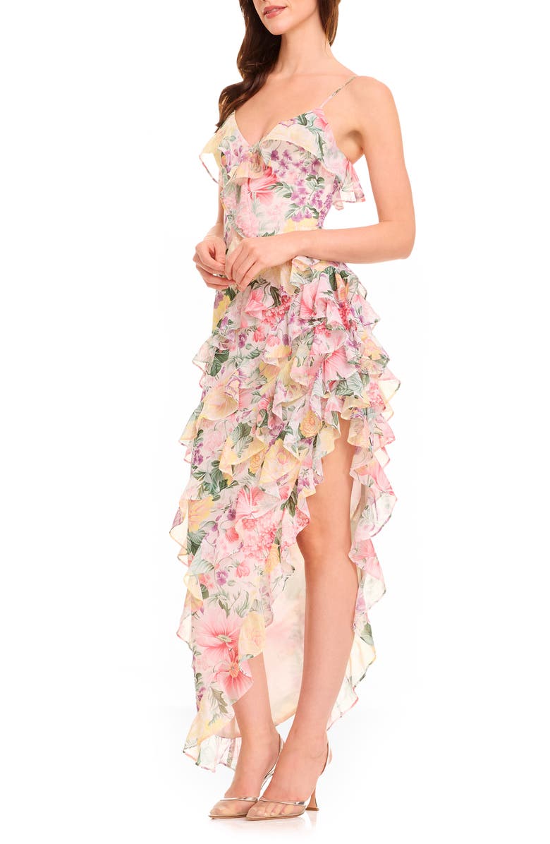 Dress the Population Josefina Metallic Floral Ruffle Detail Gown, Alternate, color, Ivory Multi