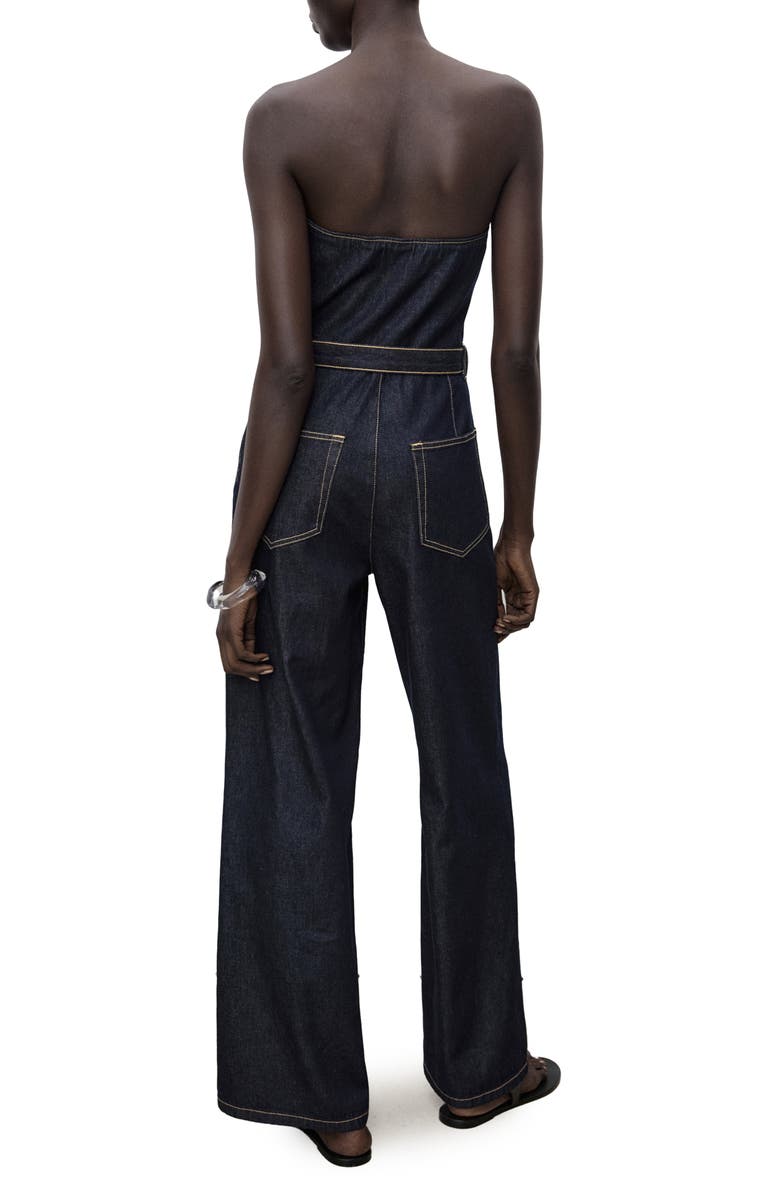 MANGO Mono Strapless Tie Waist Denim Jumpsuit, Alternate, color, Open Blue