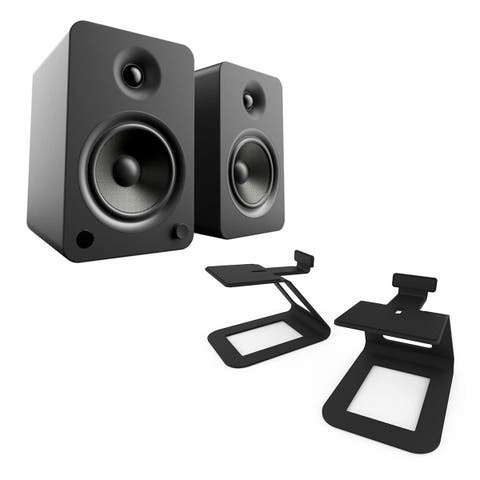 YU6 Powered Bookshelf Speakers with SE6 Elevated Desktop Speaker Stands