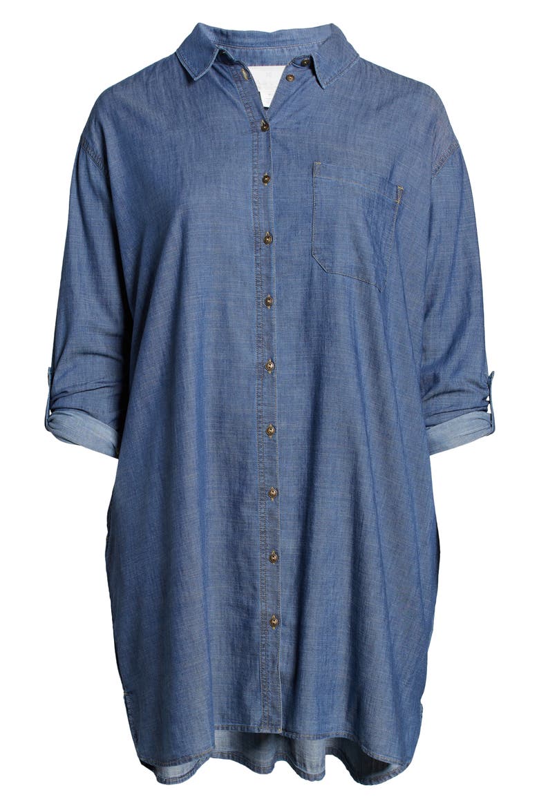 Roll Tab A-Line Chambray Shirtdress, Alternate, color, MEDIUM WASH