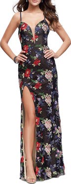 La Femme Floral Print Prom Gown with Plunging Neckline and Leg Slit