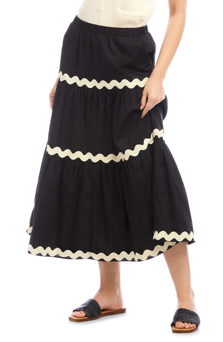 Karen Kane Rickrack Trim Cotton Midi Skirt, Alternate, color, Black W/ Natural