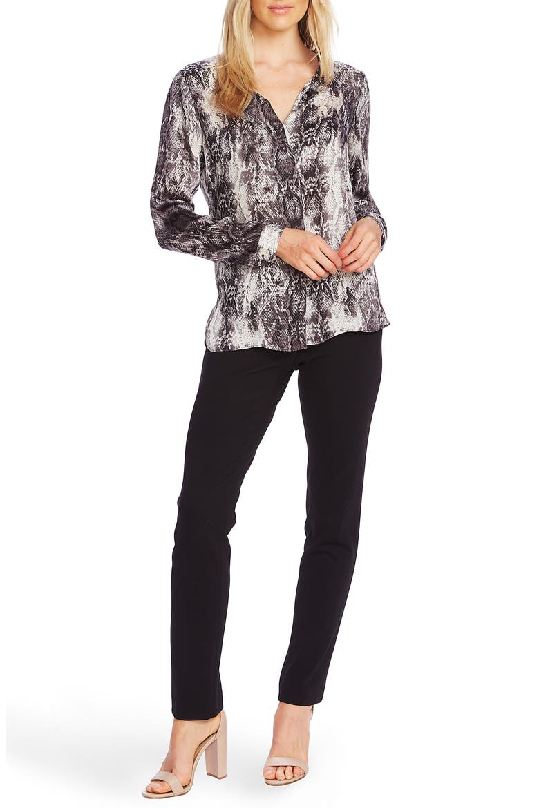 Snake Print Split Neck Blouse, Alternate, color, RICH BLACK