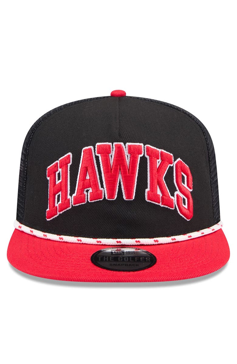 New Era Men's New Era Black/Red Atlanta Hawks Throwback Team Arch Golfer Snapback Hat, Alternate, color, 