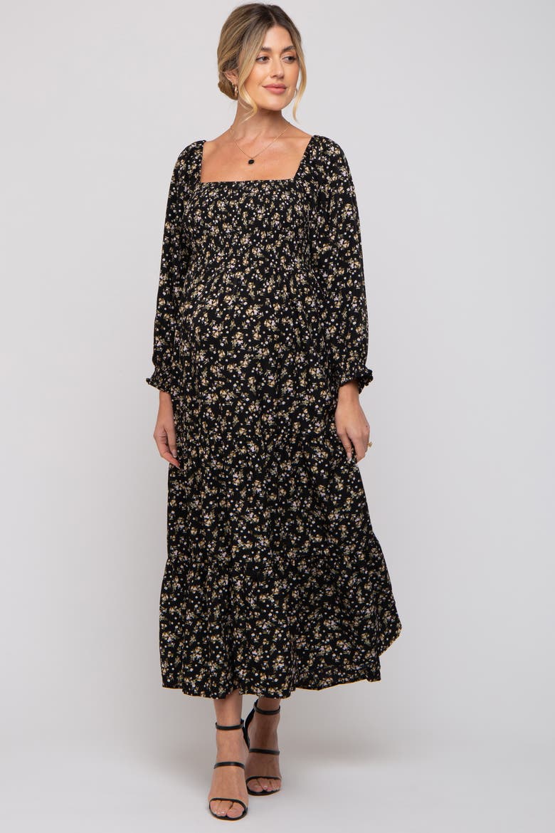 Floral Smocked Long Sleeve Maxi Dress, Alternate, color, Black
