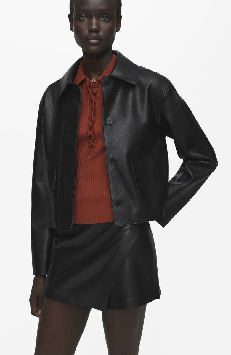 MANGO Wrap Faux Leather Skort, Alternate, color, Black