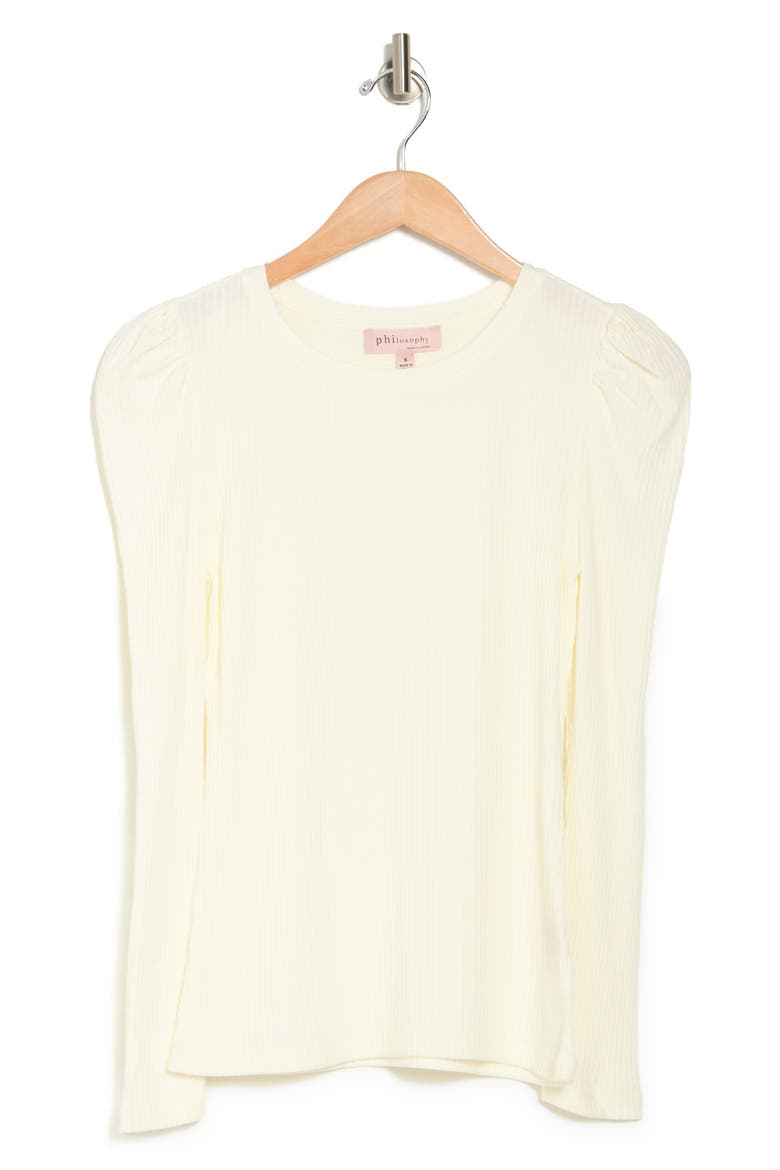 Puff Shoulder Long Sleeve Ribbed Top, Alternate, color, IVORY