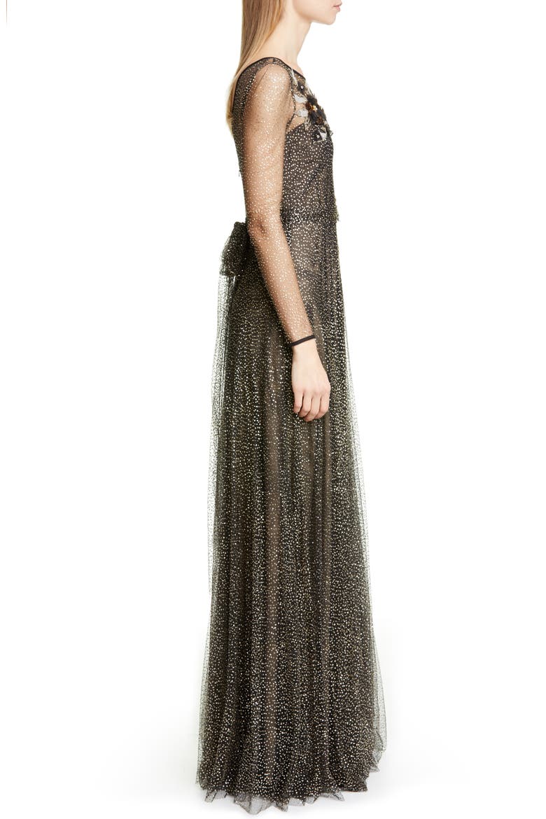 Long Sleeve Shimmer Tulle Gown, Alternate, color, BLACK