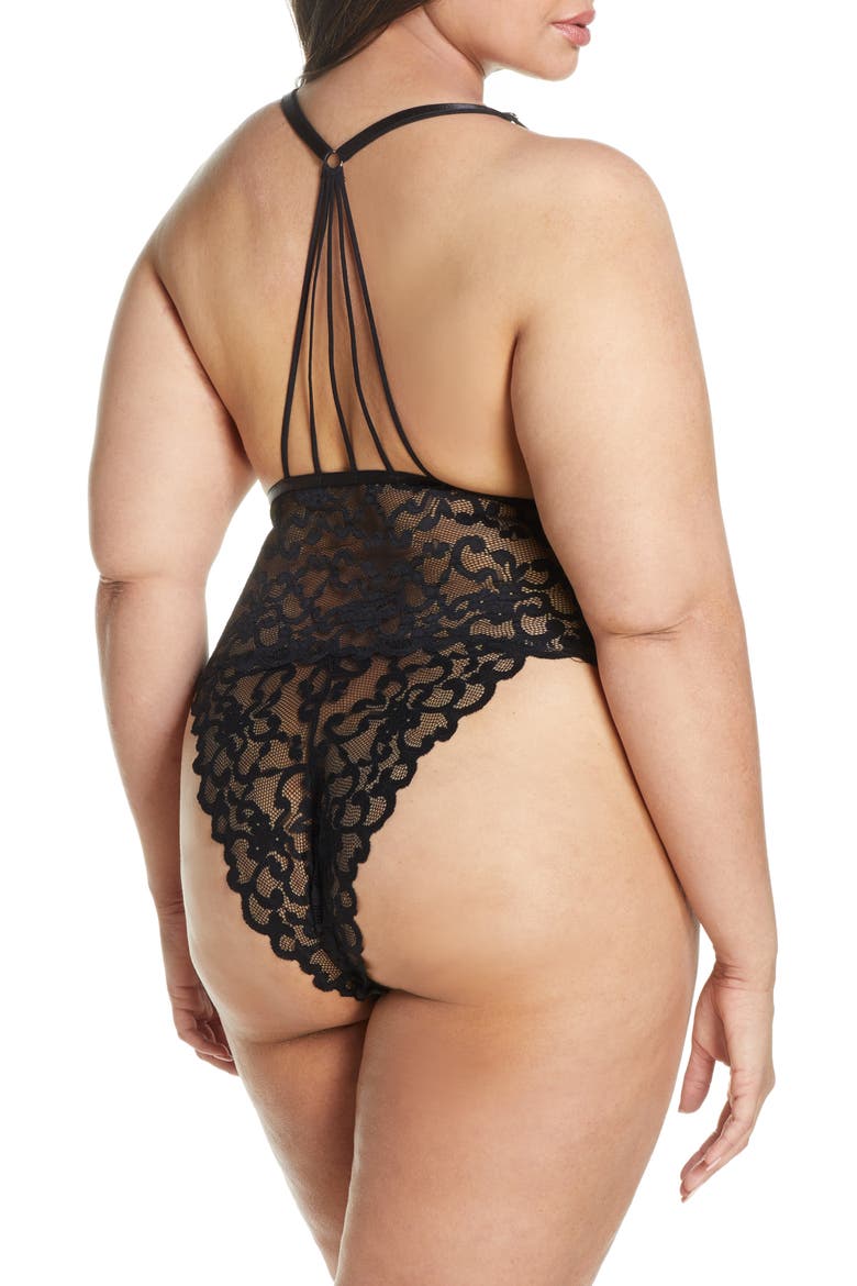 Jeana Plunge High Leg Galloon Lace Bodysuit, Alternate, color, BLACK