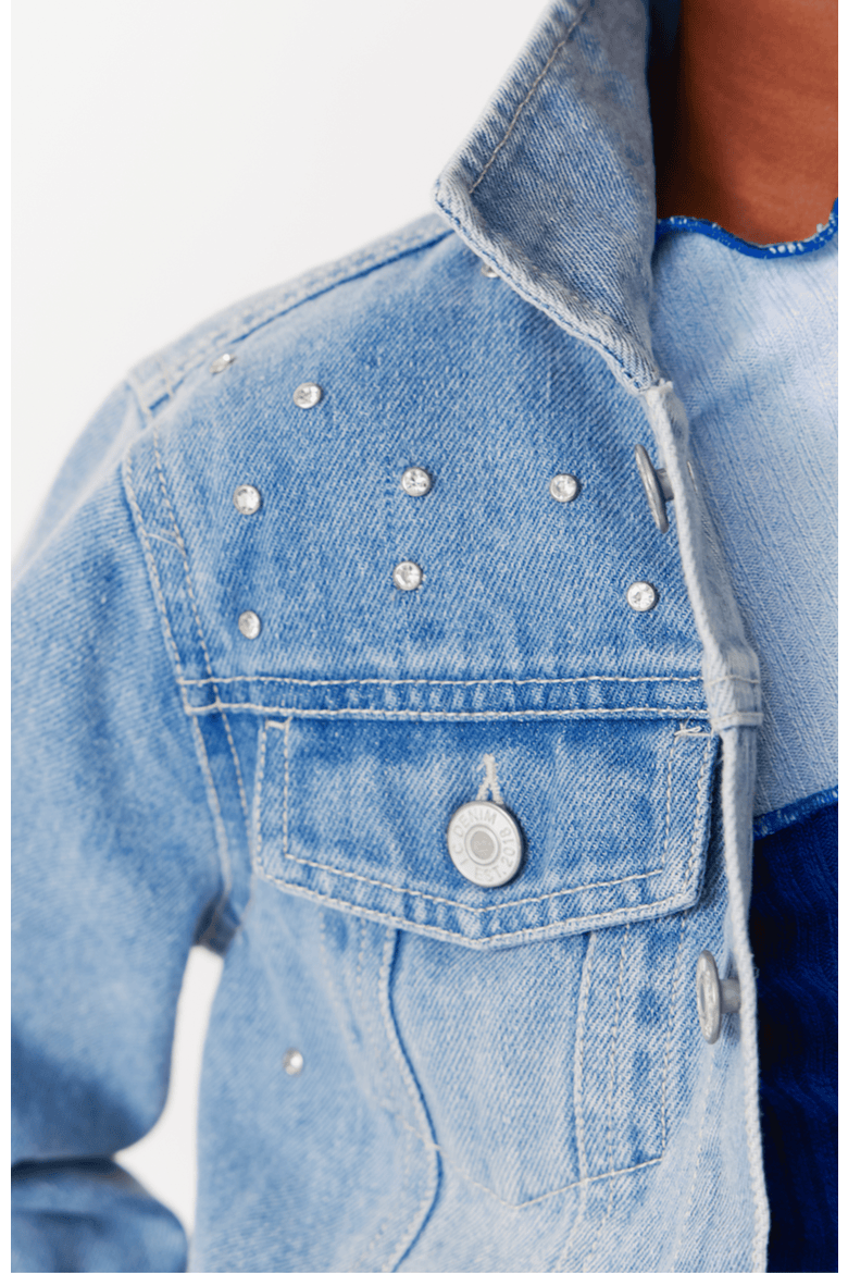 Girls' Jeweled Patched Denim Jacket, Alternate, color, Light Denim