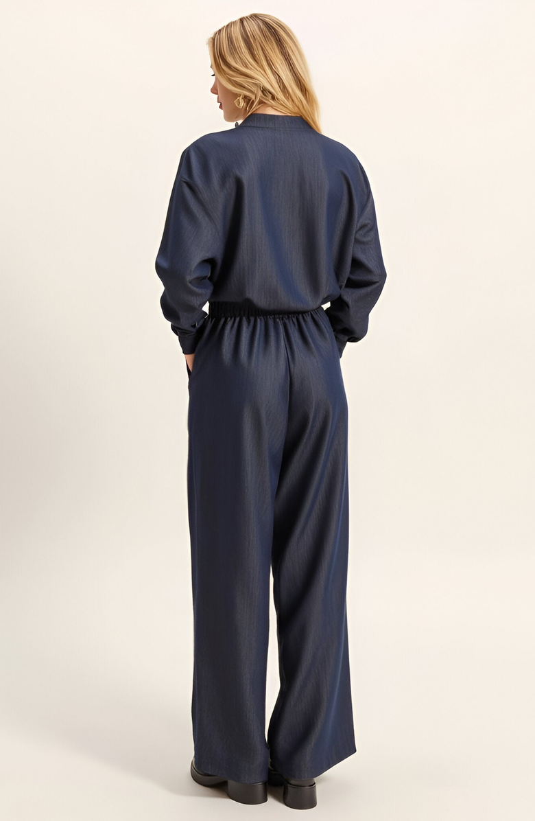 Modenaire Relaxed Drawstring Wide-Leg Collared Lounge Set, Alternate, color, Dark Blue